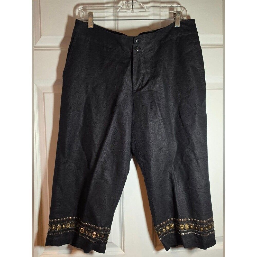 Coldwater Creek Black Cropped Pants with Embellished Hem Linen Cotton P12
